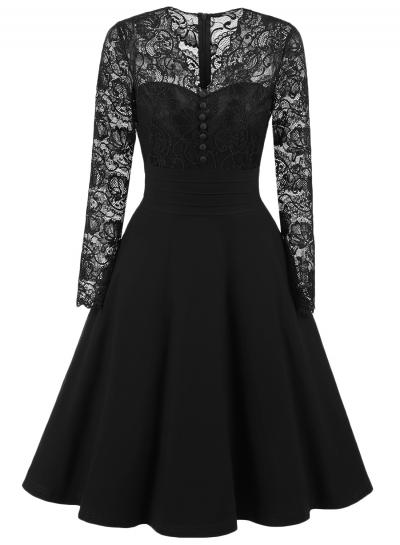 Oasap V Neck Long Sleeve Lace Splicing Dress