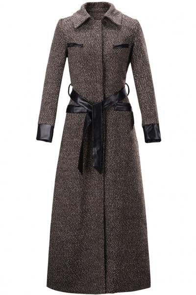 Oasap Elegant Stand Collar Pu Paneled Belted Coat