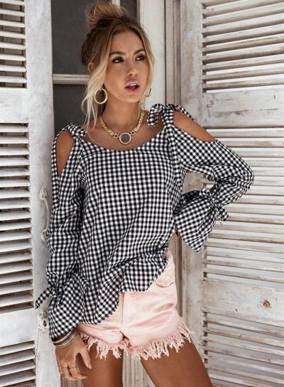 Oasap Plaid Off Shoulder Long Sleeve Blouse