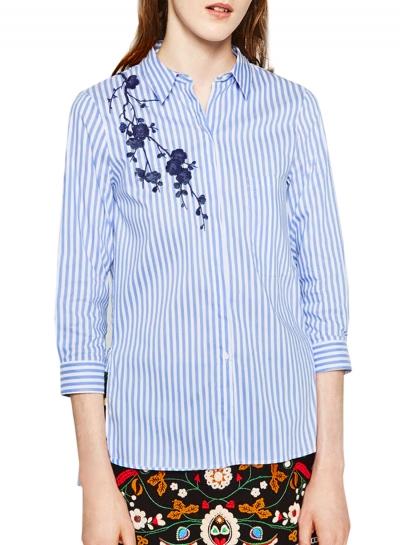 Oasap Women's Color Block Striped Print Embroidery Button Down Shirt