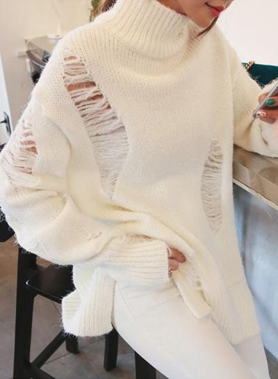 Oasap High Neck Loose Fit Ripped Slit Sweater
