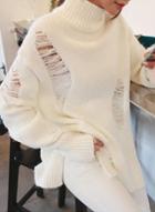 Oasap High Neck Loose Fit Ripped Slit Sweater