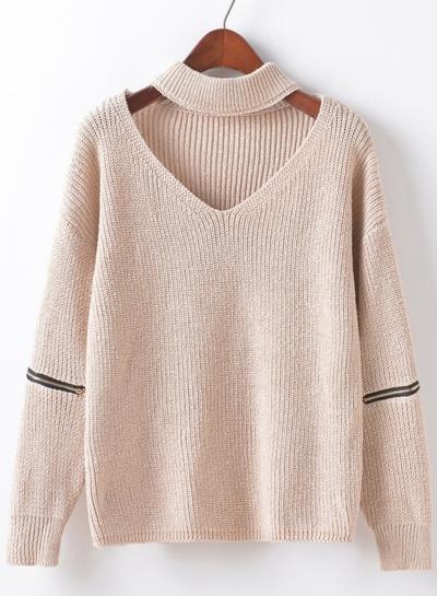 Oasap V Neck Long Sleeve Zipper Detail Pullover Sweater