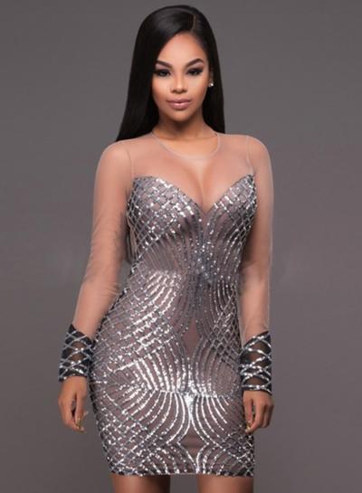 Oasap Long Sleeve Mesh Panel Sequins Bodycon Club Dress