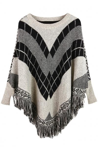 Oasap Irregular Tasseled Printed Pullover Sweater