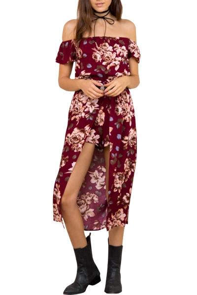 Oasap Women Floral Print Off-the-shoulder High Slit Romper