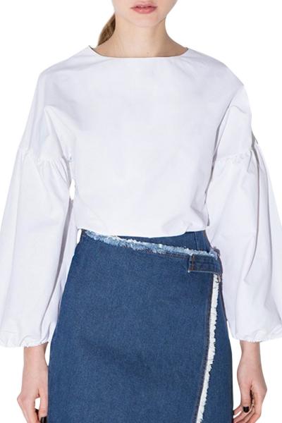 Oasap Women's Fashion White Round Neck Lantern Sleeve Blouse