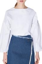 Oasap Women's Fashion White Round Neck Lantern Sleeve Blouse
