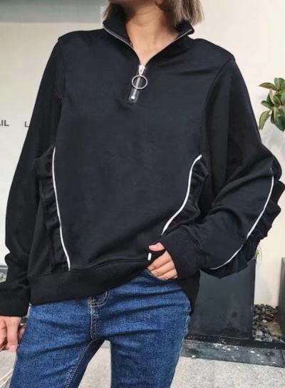 Oasap Stand Collar Long Sleeve Solid Color Flounce Hem Sweatshirt