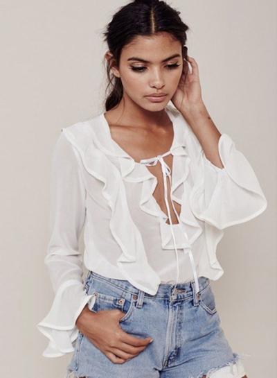 Oasap V Neck Long Sleeve Ruffle Solid Blouse