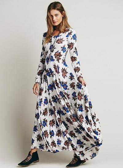 Oasap Casual Long Sleeve Loose Floral Maxi Dress