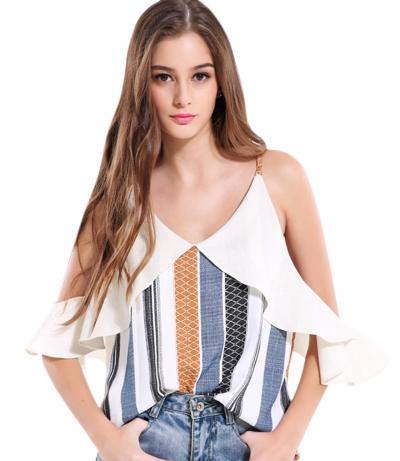 Oasap Women's Color Block Striped Print Deep V Ruffled Blouse