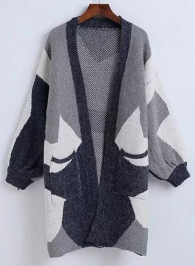 Oasap Open Front Color Splicing Lantern Sleeve Cardigan