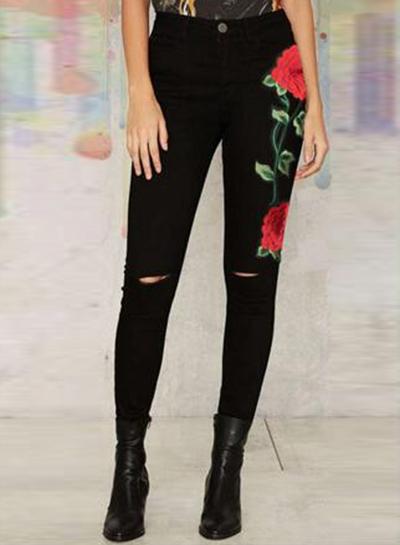 Oasap Ripped Red Rose Embroidery Skinny Denim Pants