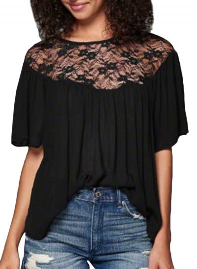 Oasap Women's Lace Paneled Round Neck Short Sleeve Blouse