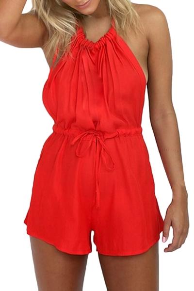 Oasap Women's Halter Drawstring Waist Open Back Romper