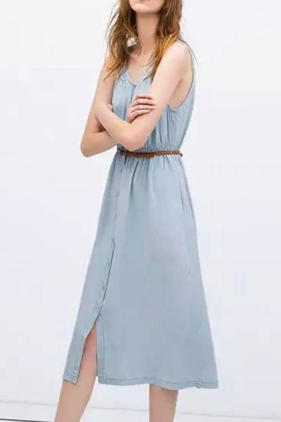 Oasap Sweet Solid Button Up Belted Denim Dress
