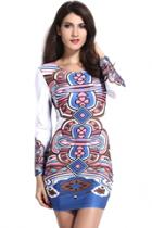 Oasap Royal Blue Ethnic Print Sexy Mini Dress