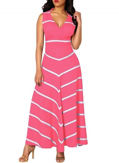 Oasap V Neck Off Shoulder Sleeveless Striped Maxi Dress