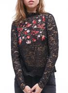 Oasap Floral Embroidery Mock Neck Long Sleeve Lace Blouse