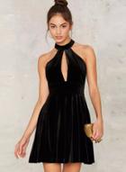Oasap Halter Sleeveless A-line Velvet Dress