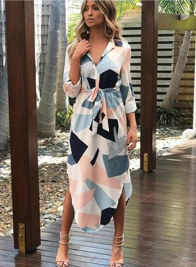 Oasap Turn Down Collar Long Sleeve Geometric Printed Irregular Dress