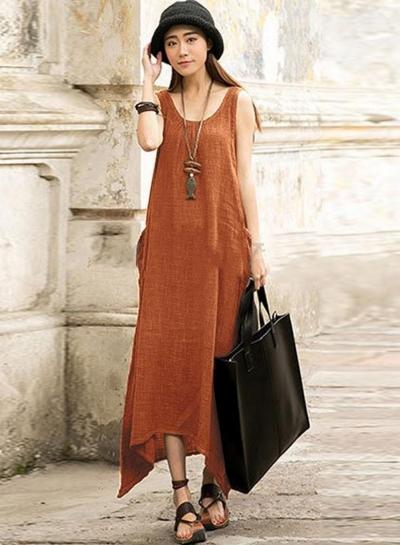 Oasap Sleeveless Pockets Solid Maxi Dresses