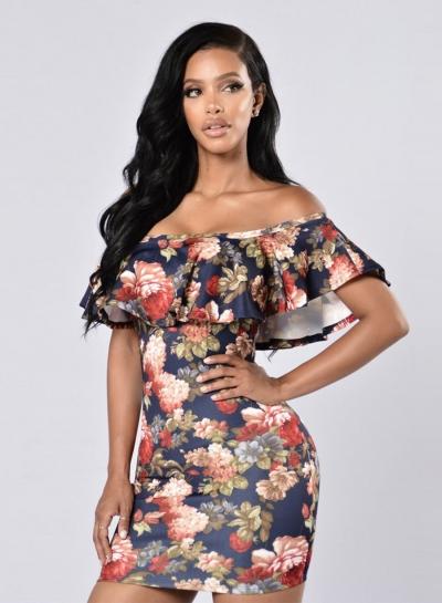 Oasap Floral Printed Off Shoulder Ruffle Bodycon Mini Dress