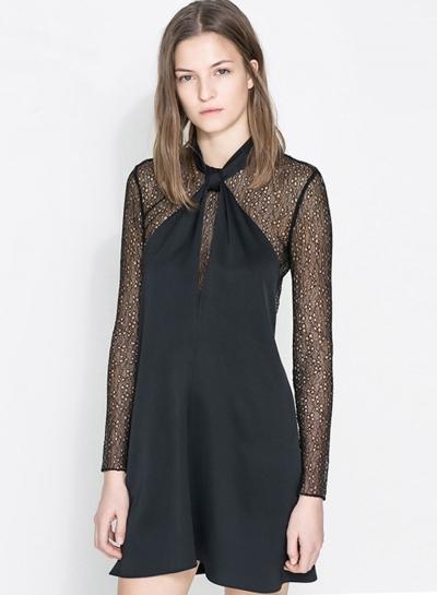 Oasap Women's Lace Contrast Bow Neck Shift Dress
