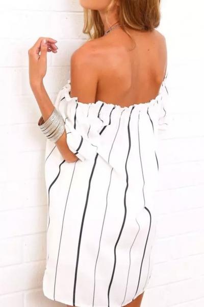 Oasap Fashion Pinstriped Print Off-the-shoulder Dress