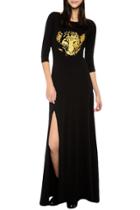 Oasap Women's Long Sleeve Tiger Print High Front Slit Dress