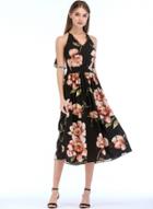 Oasap Fashion Sexy Floral Printed Sleeveless Backless V Neck Midi Dress