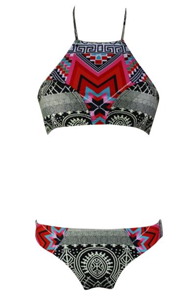 Oasap National Wind Geometric Print Halter Two Piece Swimsuit