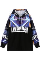 Oasap Wanna Graphic Print Long-sleeve Black Long Hoodie