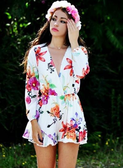 Oasap Fashion Long Sleeve Floral Printed Ruffle V Neck Women Jumpsuits
