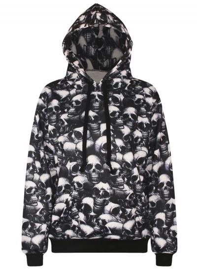 Oasap Long Sleeve Kangaroo Pocket Hallowmas Skull Printed Hoodie