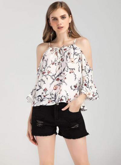 Oasap Off Shoulder Flare Sleeve Floral Chiffon Blouse