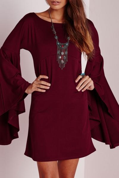 Oasap Fashion Simple Color Flare Sleeve Dress