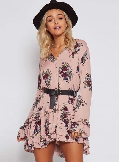 Oasap Ruffled Neck Flare Sleeve Floral Print Loose Mini Dress