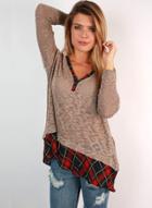 Oasap V Neck Plaid Splicing Loose Fit Tee