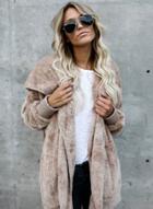Oasap Solid Color Long Sleeve Open Front Hooded Fleece Coat