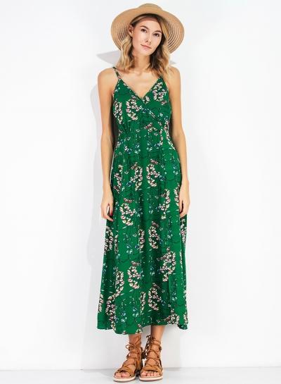 Oasap Spaghetti Strap Sleeveless High Waist Floral Printed Split Bohemian Dress