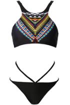 Oasap Women Geometric Print Halter Strapy Two Piece Swimsuit