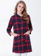 Oasap Round Neck Long Sleeve Plaid Button Down Coat