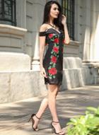 Oasap Spaghetti Strap Slash Neck Rose Print Bodycon Dress