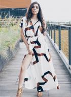 Oasap V Neck Short Sleeve Slit Color Block Maxi Dress With Belt