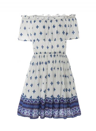 Oasap Slash Neck Elastic Waist Pattern Print Mini Dress
