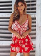 Oasap Summer Vocation Cascading Spaghetti Strap Elastic Waist V Neck Mini Dress