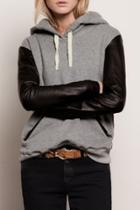 Oasap Fashion Pu Paneled Sleeve Drawstring Hooded Sweatshirt