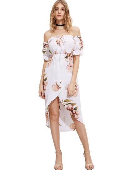 Oasap Slash Neck Short Sleeve Floral Print Irregular Chiffon Dress